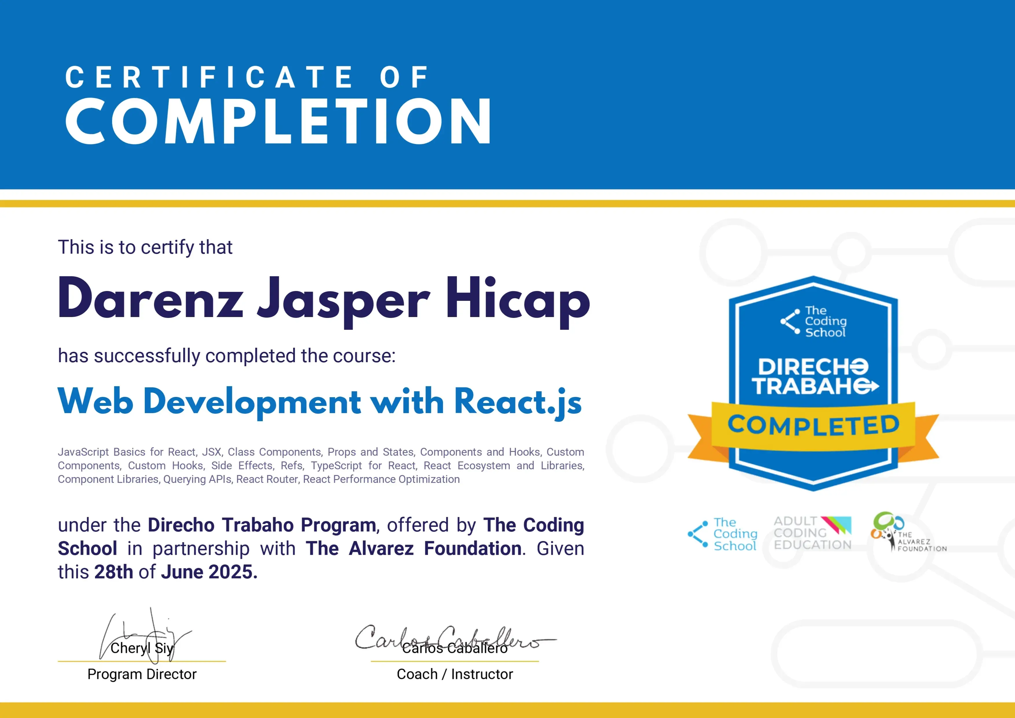 Direcho Trabaho Web Development With React Certificate