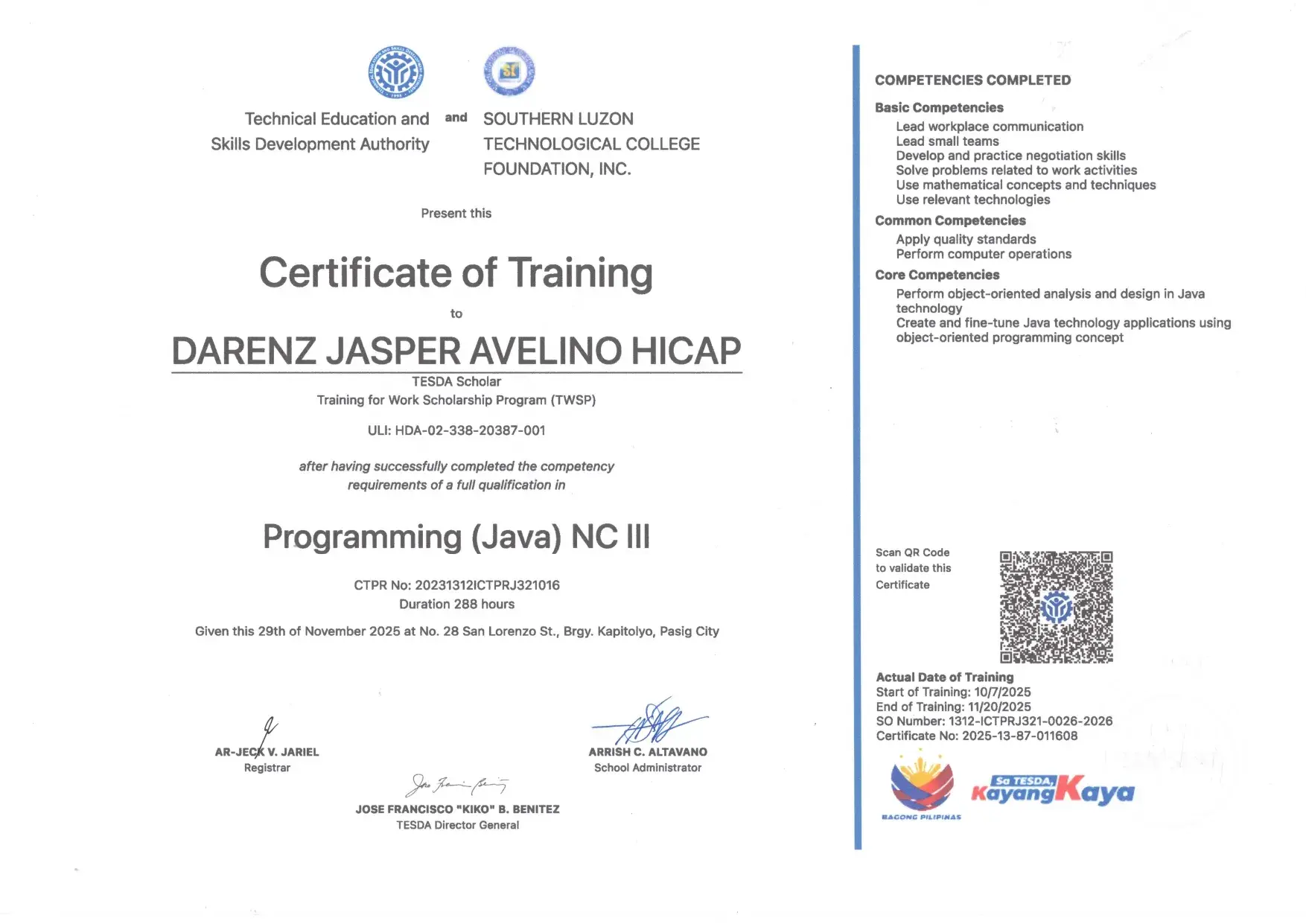 TESDA Programming (Java) NC III Certificate