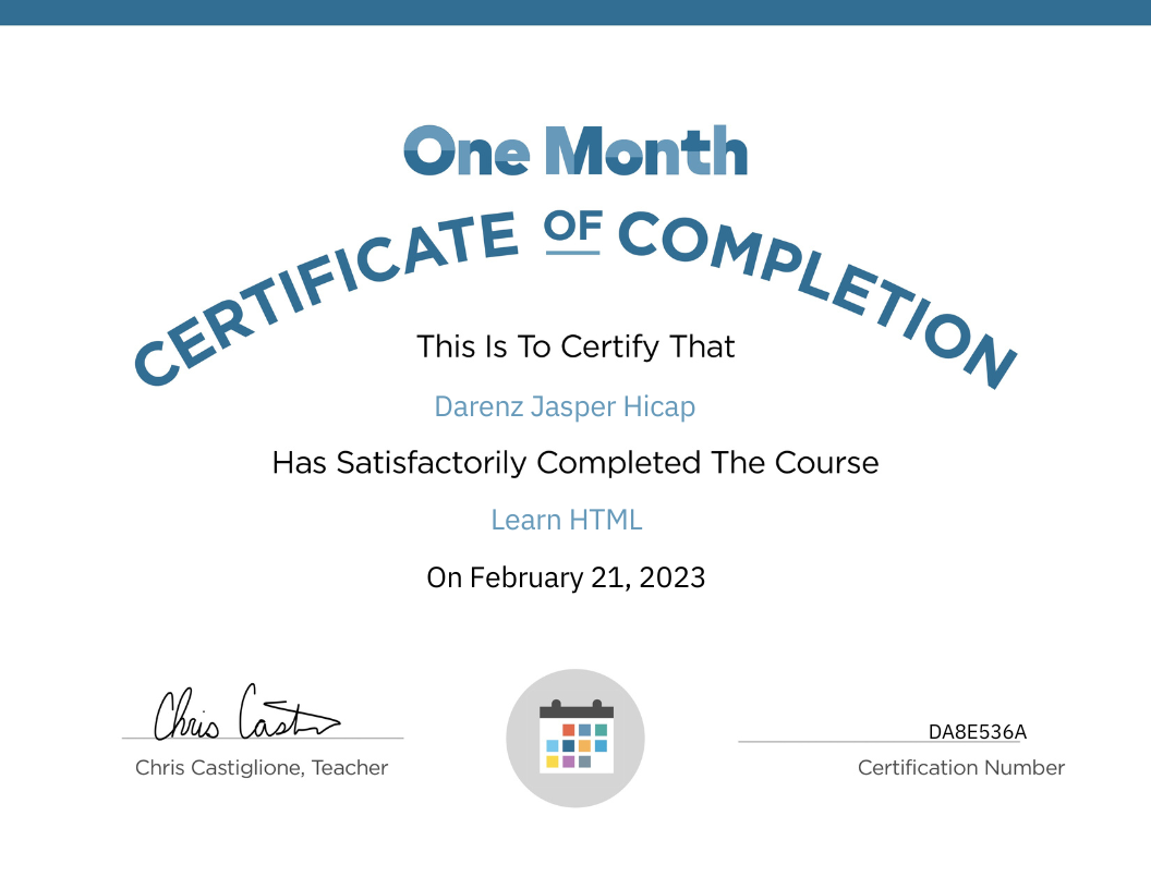 One Month HTML and CSS Fundamentals Certificate