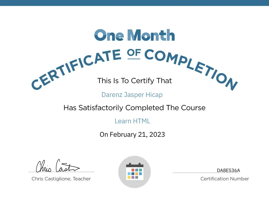 One Month HTML and CSS Fundamentals Certificate