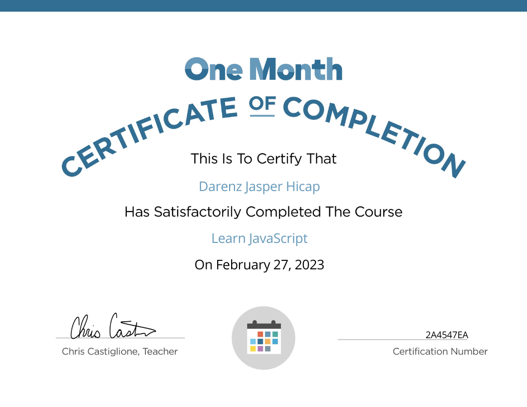 One Month JavaScript Certificate