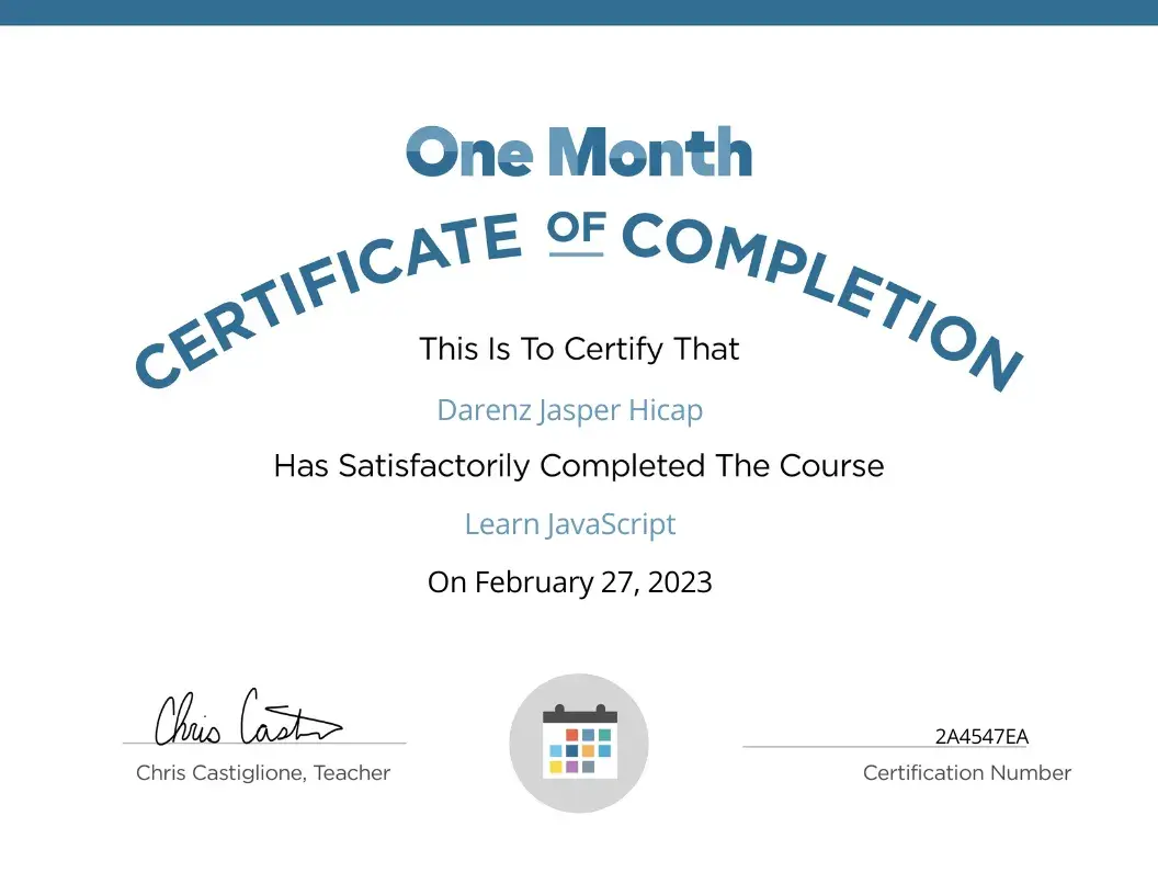 One Month JavaScript Certificate