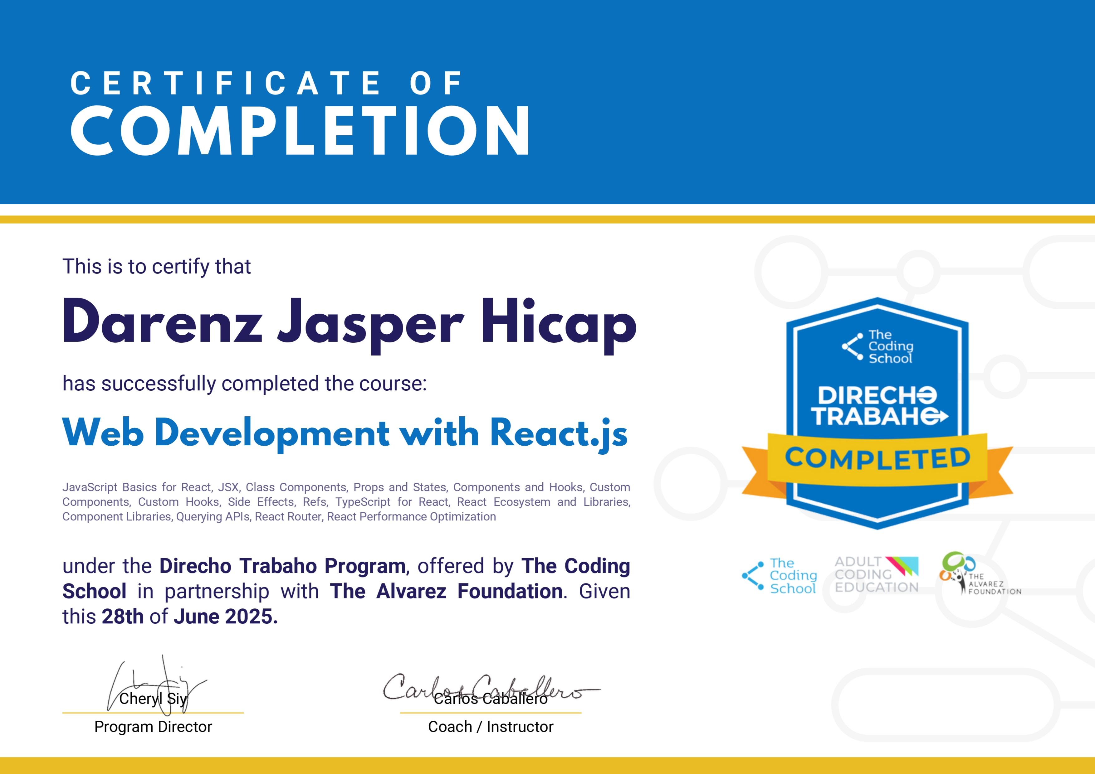 Direcho Trabaho Web Development With React Certificate